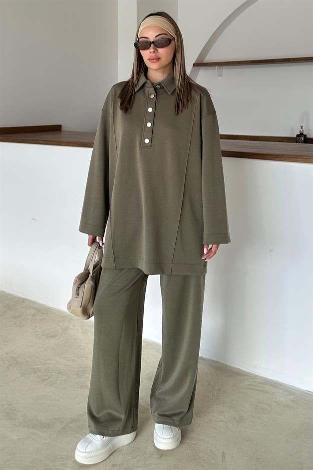 Shirt Collar Premium Knitted Fabric Tunic Trouser Set DRAB 9374-TK