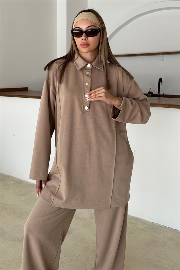 Shirt Collar Premium Knitted Fabric Tunic Trouser Set CAMEL 9374-TK