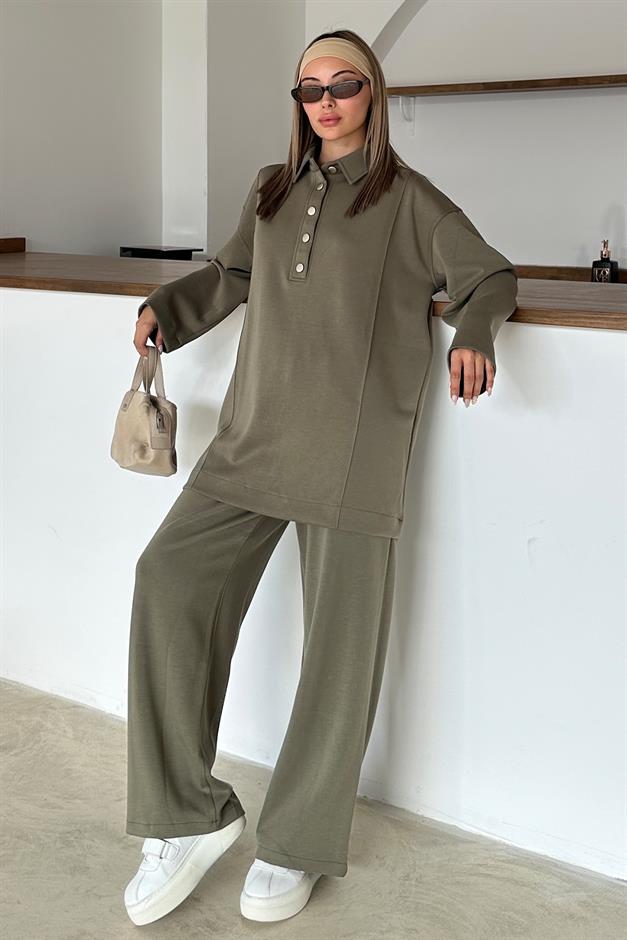 Shirt Collar Premium Knitted Fabric Tunic Trouser Set DRAB 9374-TK