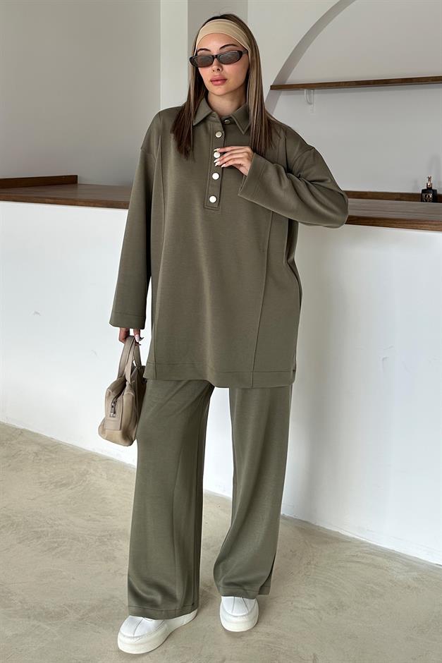 Shirt Collar Premium Knitted Fabric Tunic Trouser Set DRAB 9374-TK