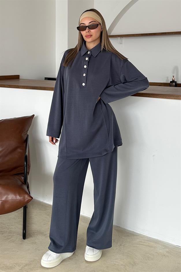 Shirt Collar Premium Knitted Fabric Tunic Trouser Set İNDİGO 9374-TK