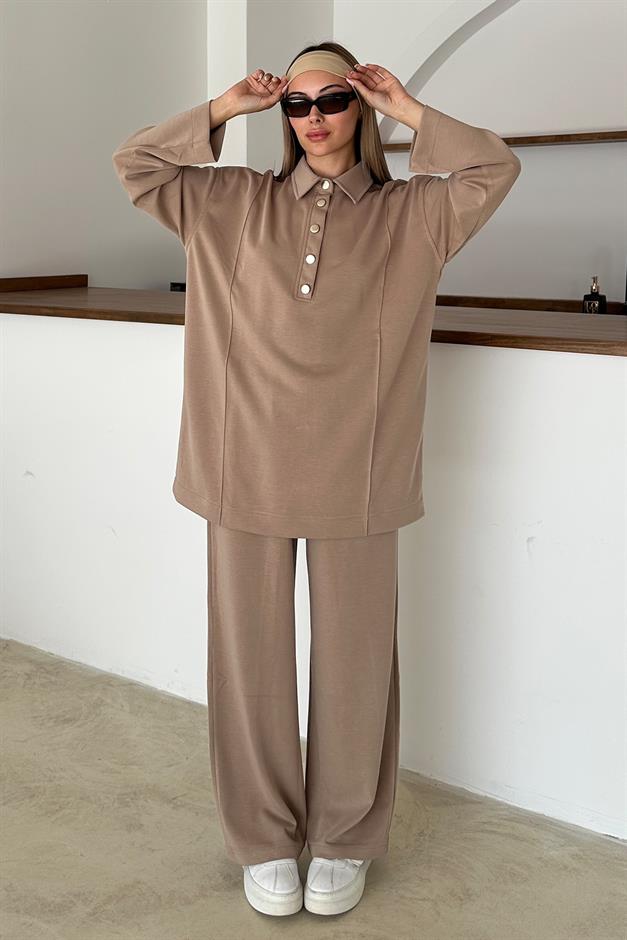 Shirt Collar Premium Knitted Fabric Tunic Trouser Set CAMEL 9374-TK