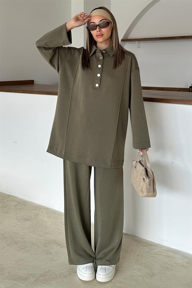 Shirt Collar Premium Knitted Fabric Tunic Trouser Set DRAB 9374-TK