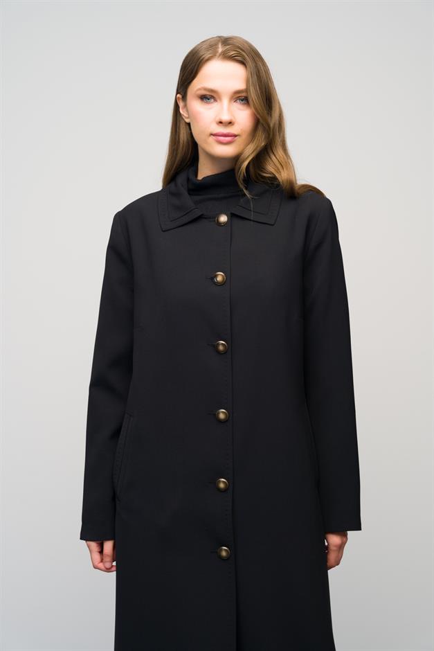 Gömlek Yaka Punto Dikiş Detaylı Büyük Beden Astarlı Pardesü SİYAH 6615