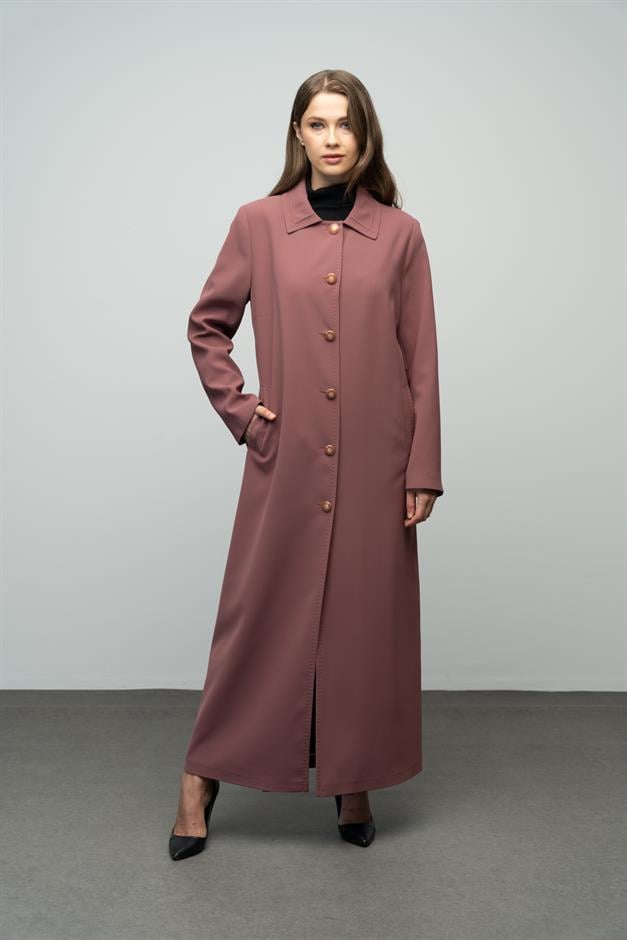 Gömlek Yaka Punto Dikiş Detaylı Büyük Beden Astarlı Pardesü GÜL KURUSU 6615