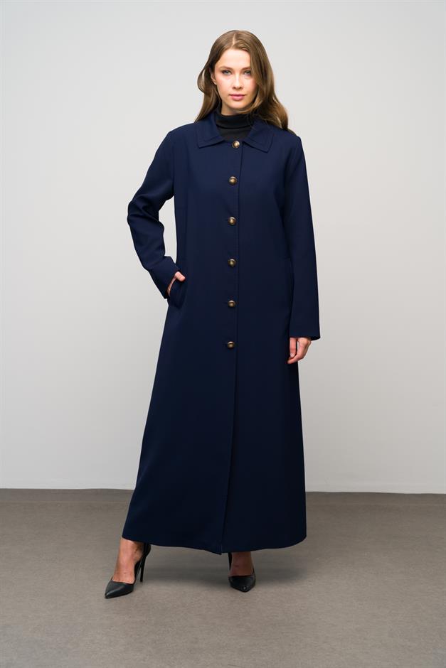 Gömlek Yaka Punto Dikiş Detaylı Büyük Beden Astarlı Pardesü LACİVERT 6615