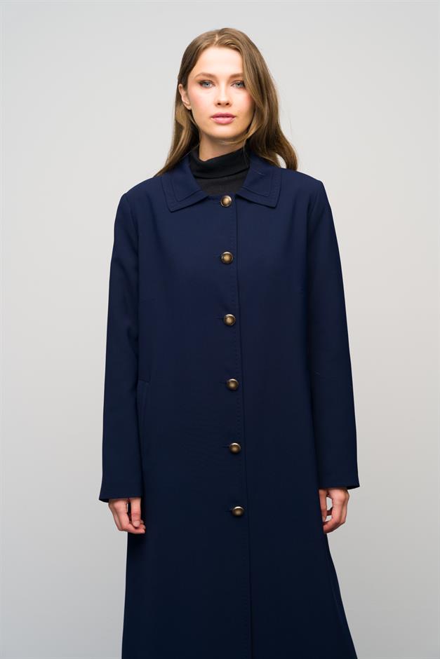 Gömlek Yaka Punto Dikiş Detaylı Büyük Beden Astarlı Pardesü LACİVERT 6615