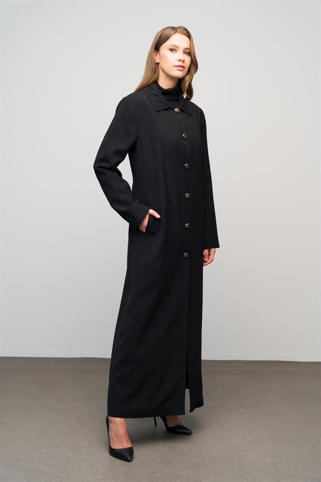 Gömlek Yaka Punto Dikiş Detaylı Büyük Beden Astarlı Pardesü SİYAH 6615