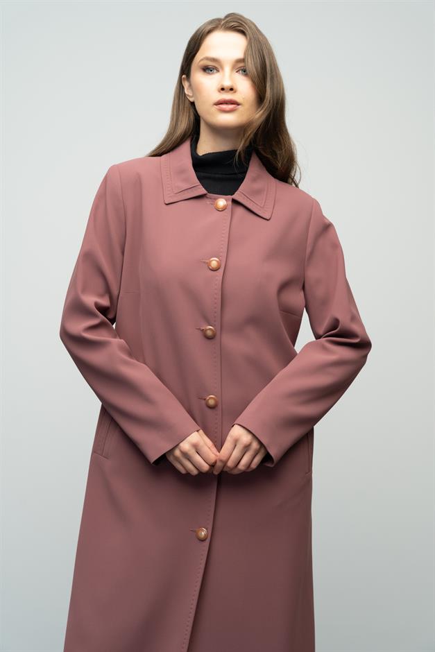 Gömlek Yaka Punto Dikiş Detaylı Büyük Beden Astarlı Pardesü GÜL KURUSU 6615