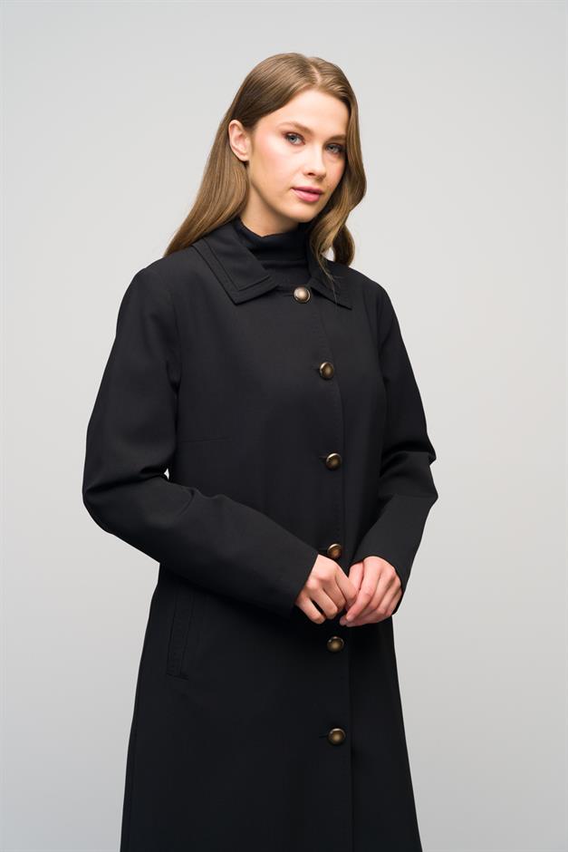 Gömlek Yaka Punto Dikiş Detaylı Büyük Beden Astarlı Pardesü SİYAH 6615