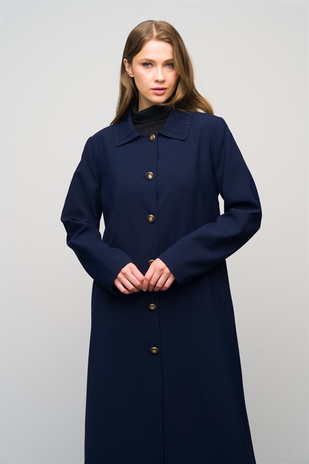 Gömlek Yaka Punto Dikiş Detaylı Büyük Beden Astarlı Pardesü LACİVERT 6615