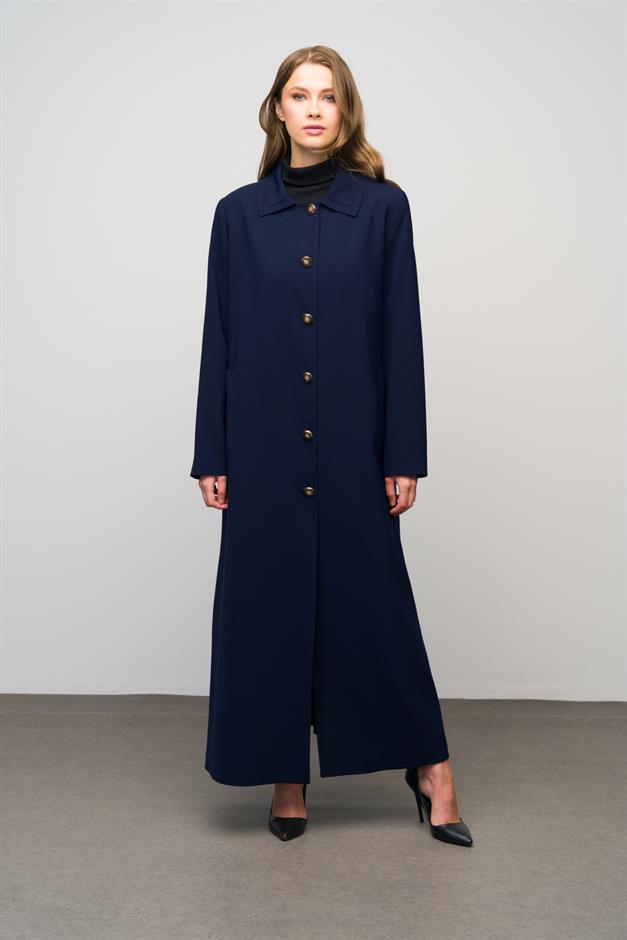Gömlek Yaka Punto Dikiş Detaylı Büyük Beden Astarlı Pardesü LACİVERT 6615