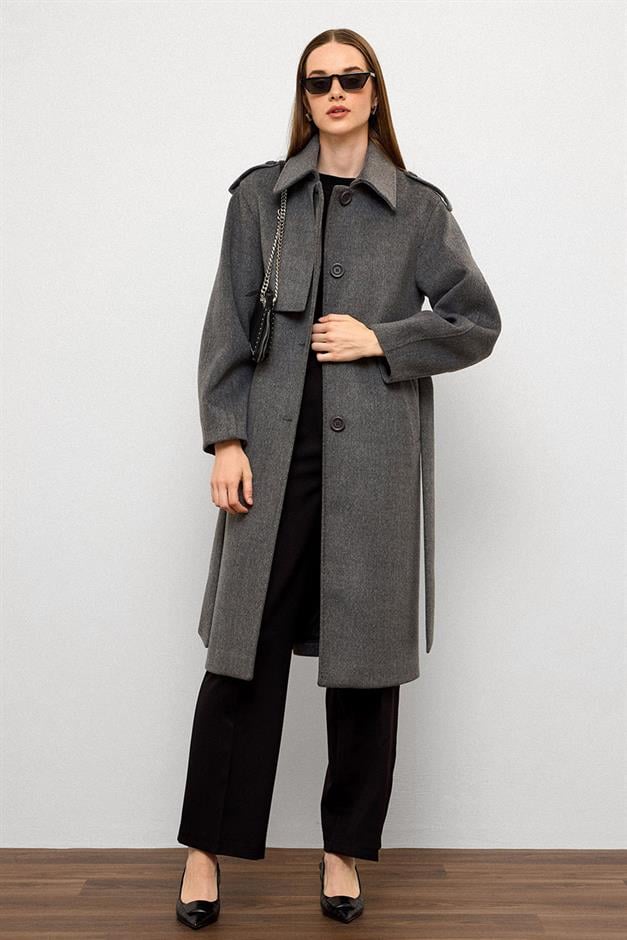 Gömlek Yaka Punto Dikiş Detaylı Premium Kaban GRİ 3125