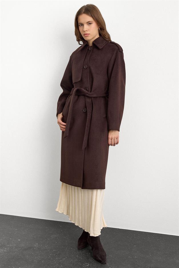 معطف فاخر مع ياقة قميص وتفاصيل غرزة منقطة قهوة 3125