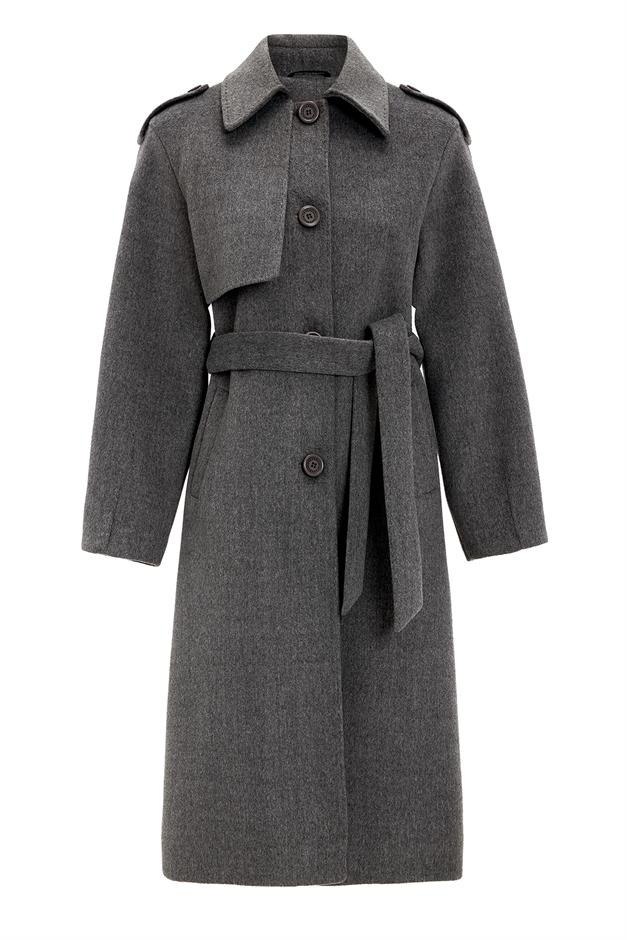 معطف فاخر مع ياقة قميص وتفاصيل غرزة منقطة رمادي 3125