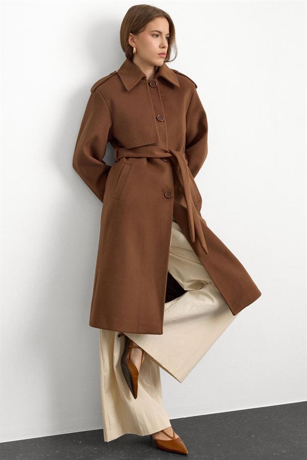 Premium Coat with Shirt Collar Point Stitch Detail TOBACCO 3125