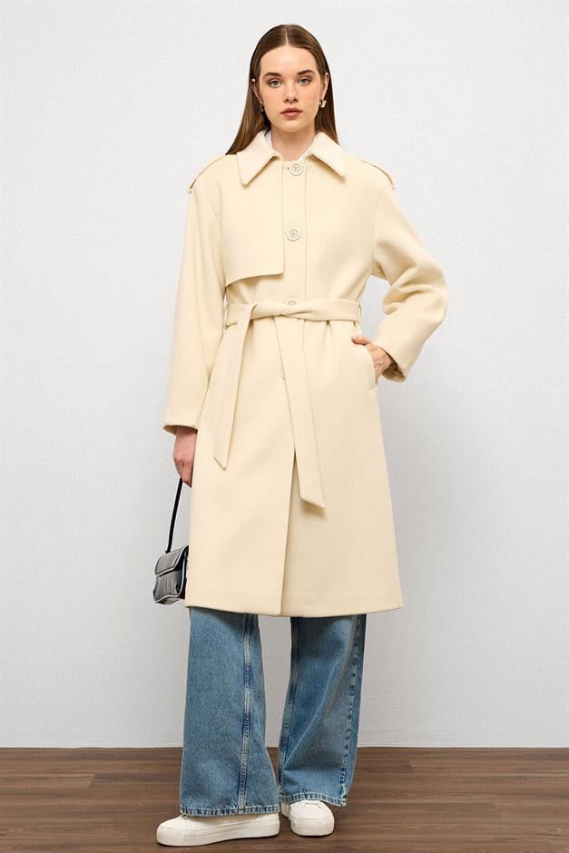 Gömlek Yaka Punto Dikiş Detaylı Premium Kaban EKRU 3125