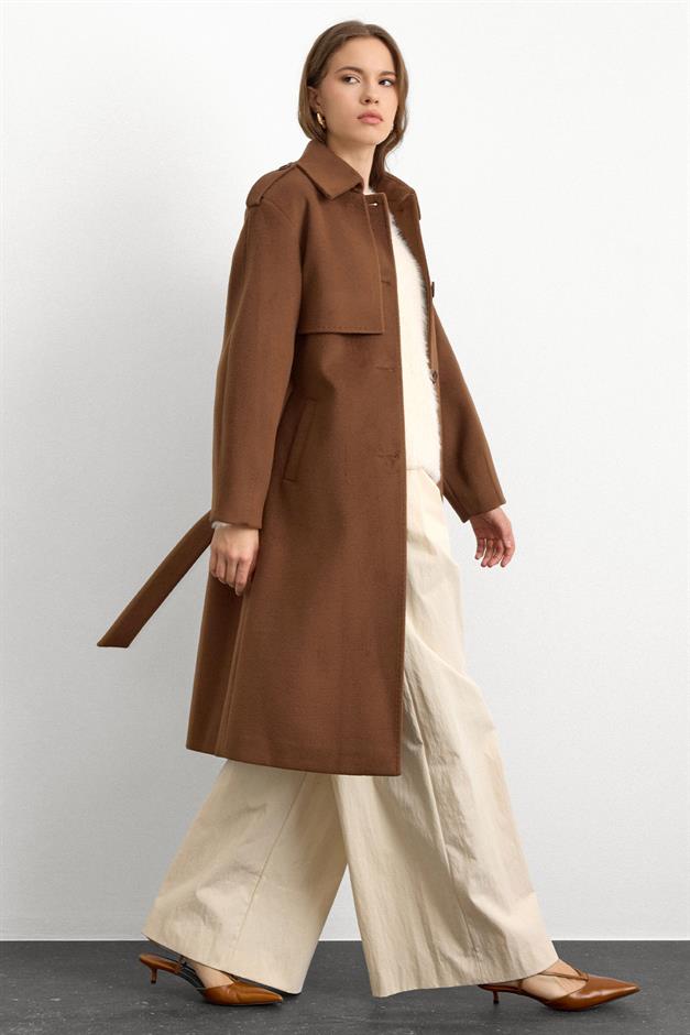 Premium Coat with Shirt Collar Point Stitch Detail TOBACCO 3125