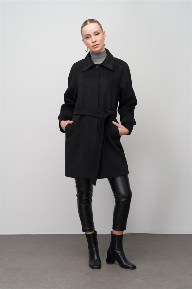 Shirt Collar Raglan Sleeve Plus Size Coat BLACK 3079