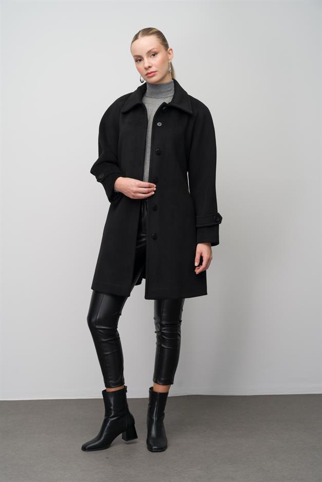 Shirt Collar Raglan Sleeve Plus Size Coat BLACK 3079