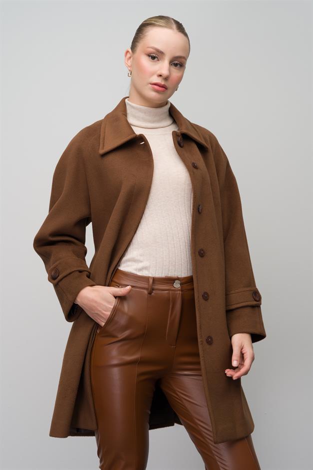 Shirt Collar Raglan Sleeve Plus Size Coat TOBACCO 3079