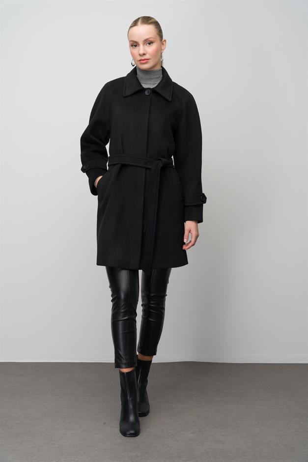 Shirt Collar Raglan Sleeve Plus Size Coat BLACK 3079