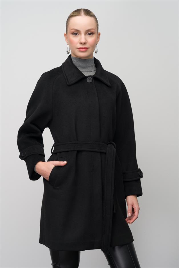 Shirt Collar Raglan Sleeve Plus Size Coat BLACK 3079