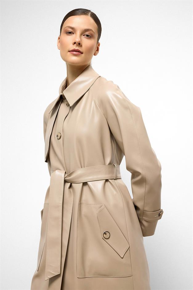Shirt Collar Raglan Sleeve Cape and Bag Pocket Detailed Leather Trench Coat STONE 6760
