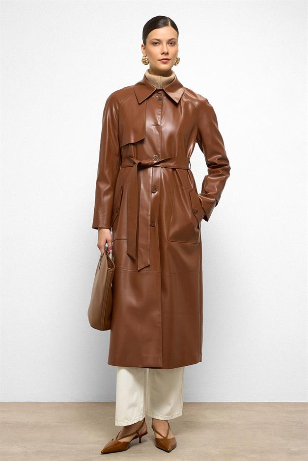 Shirt Collar Raglan Sleeve Cape and Bag Pocket Detailed Leather Trench Coat CAMEL 6760