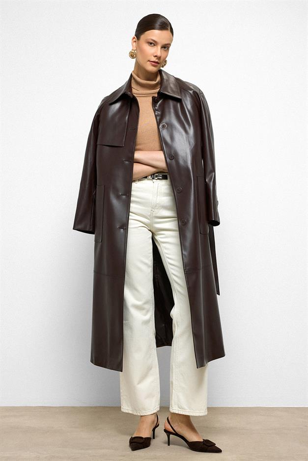 Shirt Collar Raglan Sleeve Cape and Bag Pocket Detailed Leather Trench Coat Black Coffee 6760