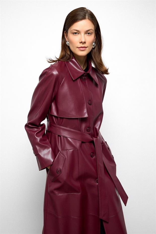 Shirt Collar Raglan Sleeve Cape and Bag Pocket Detailed Leather Trench Coat CLARET RED 6760