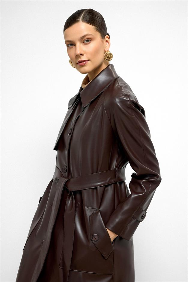 Shirt Collar Raglan Sleeve Cape and Bag Pocket Detailed Leather Trench Coat Black Coffee 6760