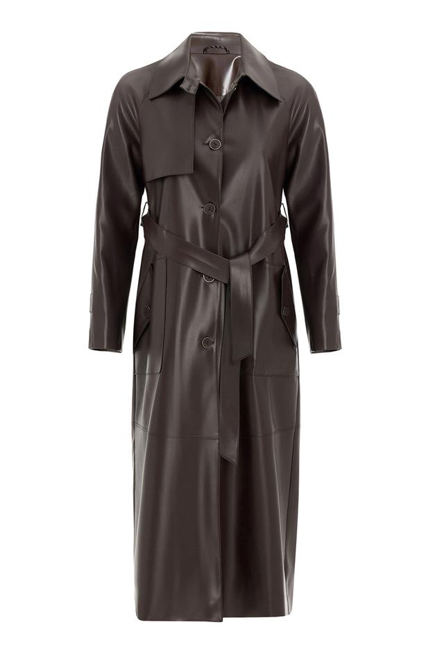 Shirt Collar Raglan Sleeve Cape and Bag Pocket Detailed Leather Trench Coat Black Coffee 6760