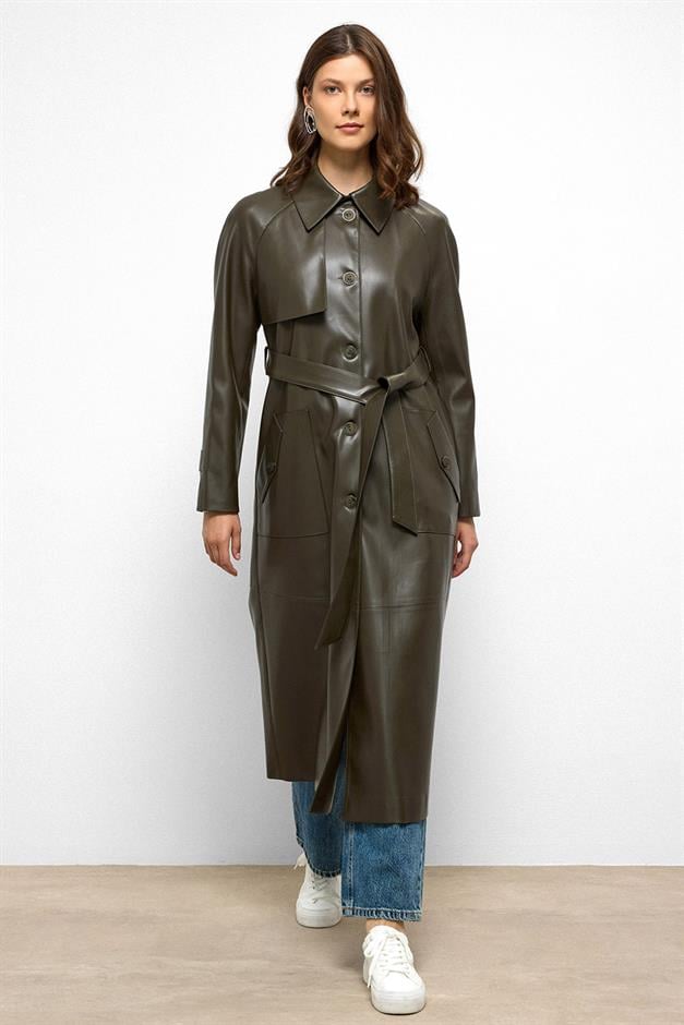 Shirt Collar Raglan Sleeve Cape and Bag Pocket Detailed Leather Trench Coat DRAB 6760