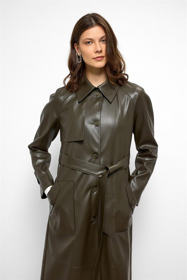 Shirt Collar Raglan Sleeve Cape and Bag Pocket Detailed Leather Trench Coat DRAB 6760
