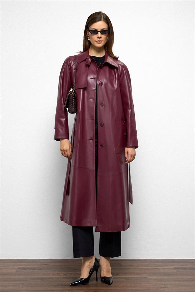 Shirt Collar Raglan Sleeve Cape and Bag Pocket Detailed Leather Trench Coat CLARET RED 6760