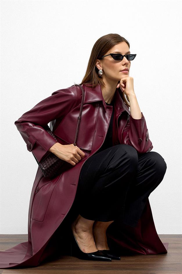 Shirt Collar Raglan Sleeve Cape and Bag Pocket Detailed Leather Trench Coat CLARET RED 6760