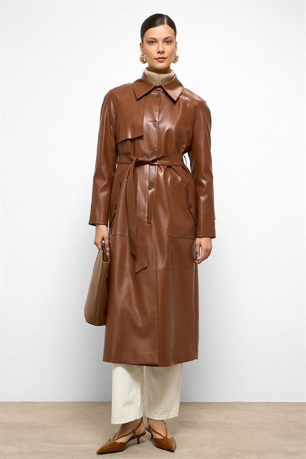 Shirt Collar Raglan Sleeve Cape and Bag Pocket Detailed Leather Trench Coat CAMEL 6760