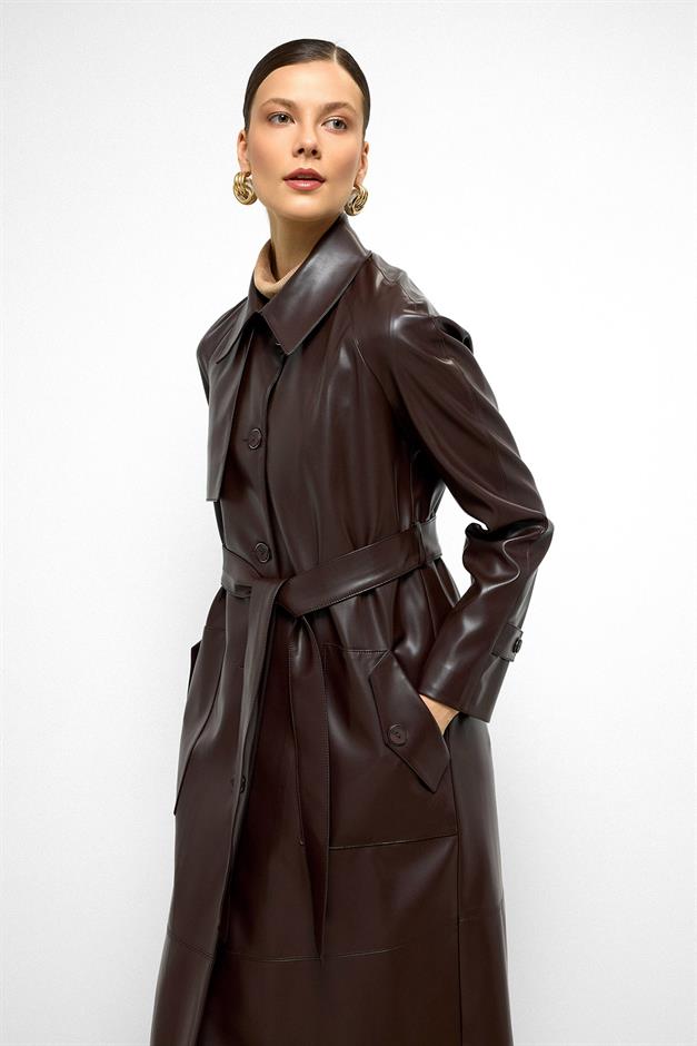 Shirt Collar Raglan Sleeve Cape and Bag Pocket Detailed Leather Trench Coat Black Coffee 6760