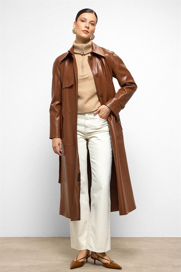 Shirt Collar Raglan Sleeve Cape and Bag Pocket Detailed Leather Trench Coat CAMEL 6760