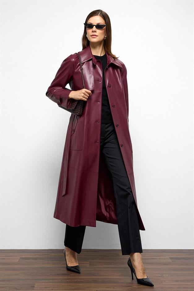 Shirt Collar Raglan Sleeve Cape and Bag Pocket Detailed Leather Trench Coat CLARET RED 6760