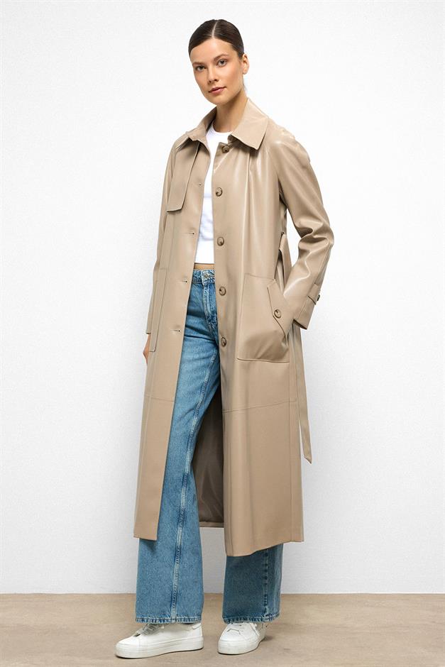 Shirt Collar Raglan Sleeve Cape and Bag Pocket Detailed Leather Trench Coat STONE 6760