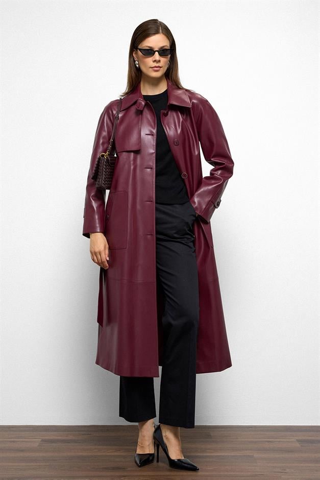 Shirt Collar Raglan Sleeve Cape and Bag Pocket Detailed Leather Trench Coat CLARET RED 6760