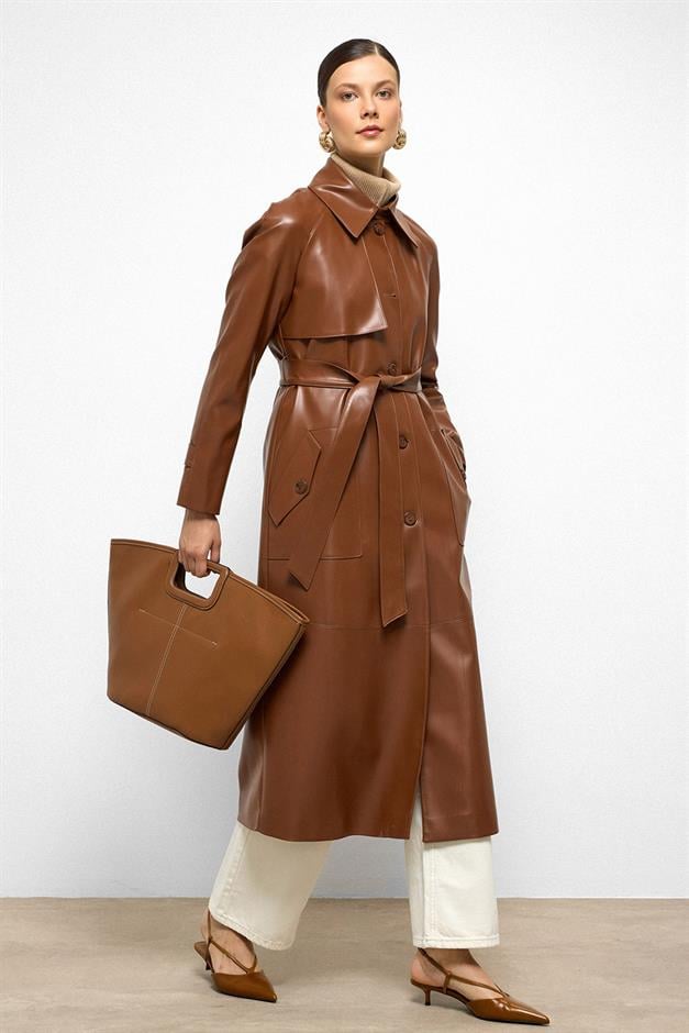 Shirt Collar Raglan Sleeve Cape and Bag Pocket Detailed Leather Trench Coat CAMEL 6760