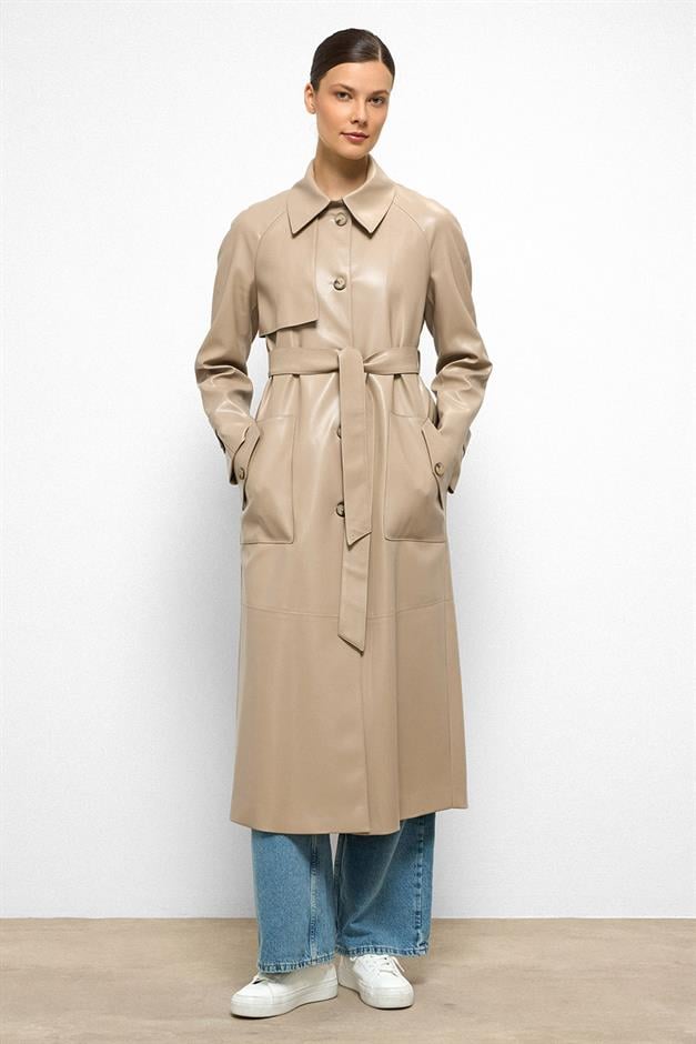 Shirt Collar Raglan Sleeve Cape and Bag Pocket Detailed Leather Trench Coat STONE 6760