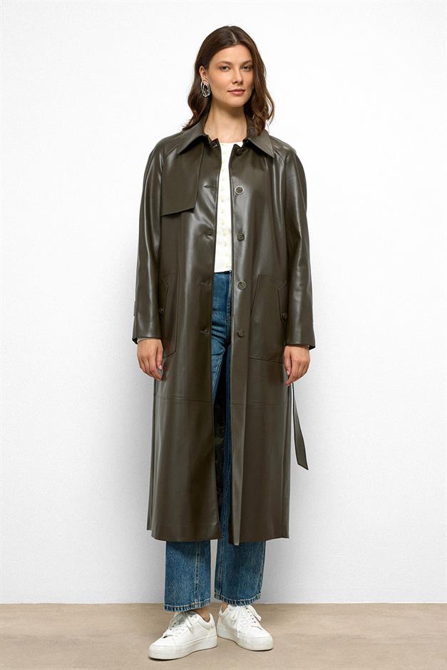 Shirt Collar Raglan Sleeve Cape and Bag Pocket Detailed Leather Trench Coat DRAB 6760