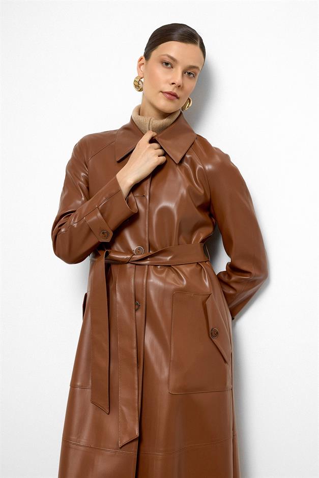 Shirt Collar Raglan Sleeve Cape and Bag Pocket Detailed Leather Trench Coat CAMEL 6760