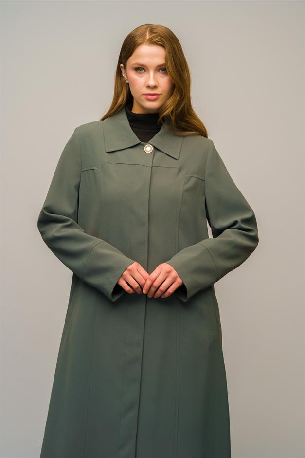 Gömlek Yaka Robadan Kuplu Büyük Beden Astarlı Pardesü HAKİ 6616