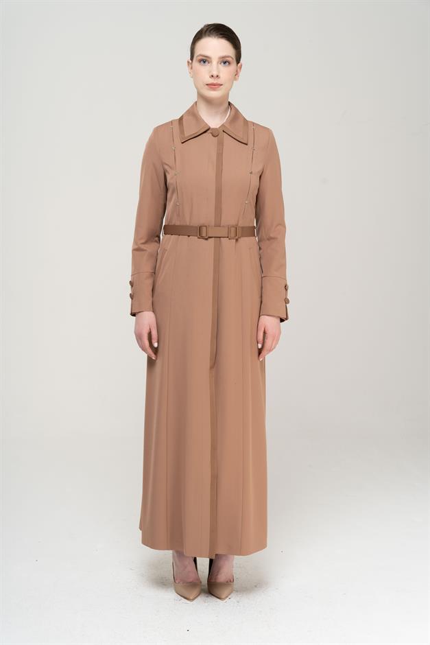 Gömlek Yaka Saten ve Aksesuar Detaylı Astarlı Pardesü KAMEL 6562