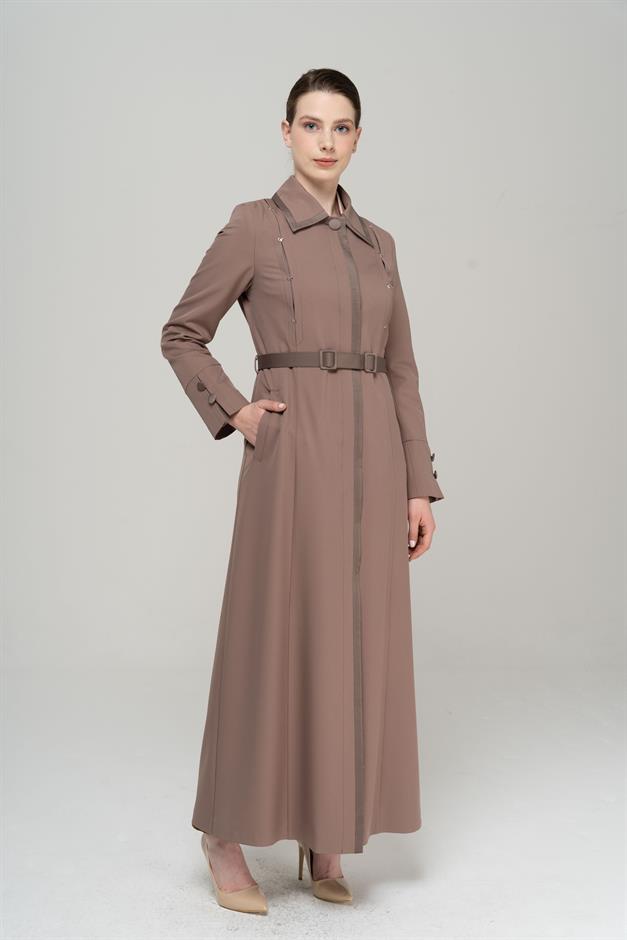 Gömlek Yaka Saten ve Aksesuar Detaylı Astarlı Pardesü VİZON 6562